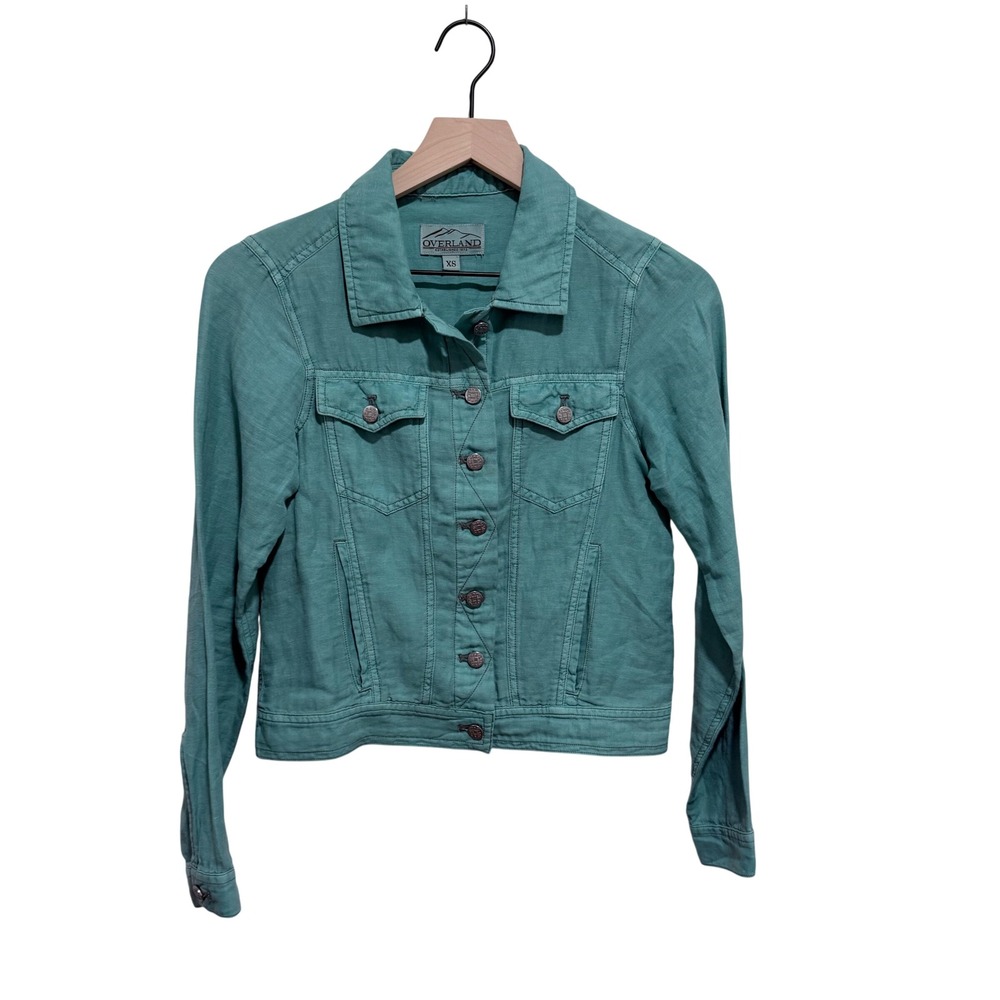 Overland Linen Cotton Trucker‎ Jacket Teal Green Crop Button Jacket